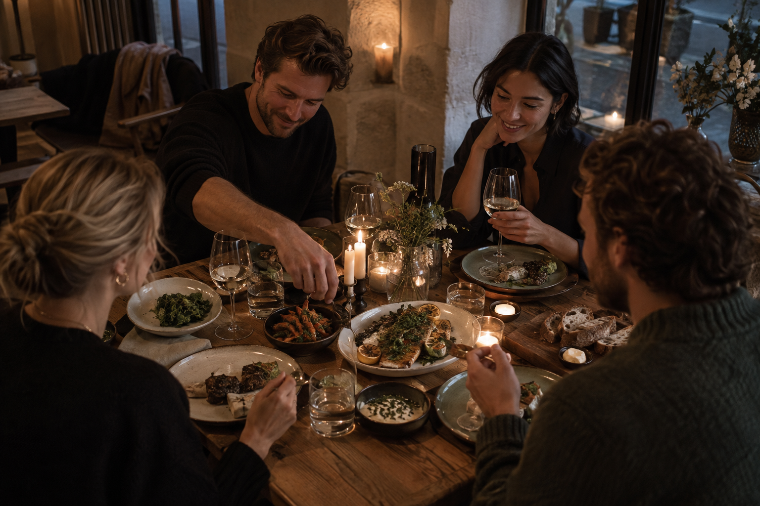 Friends gathered around a candlelit Nordic dinner table with simple seasonal food