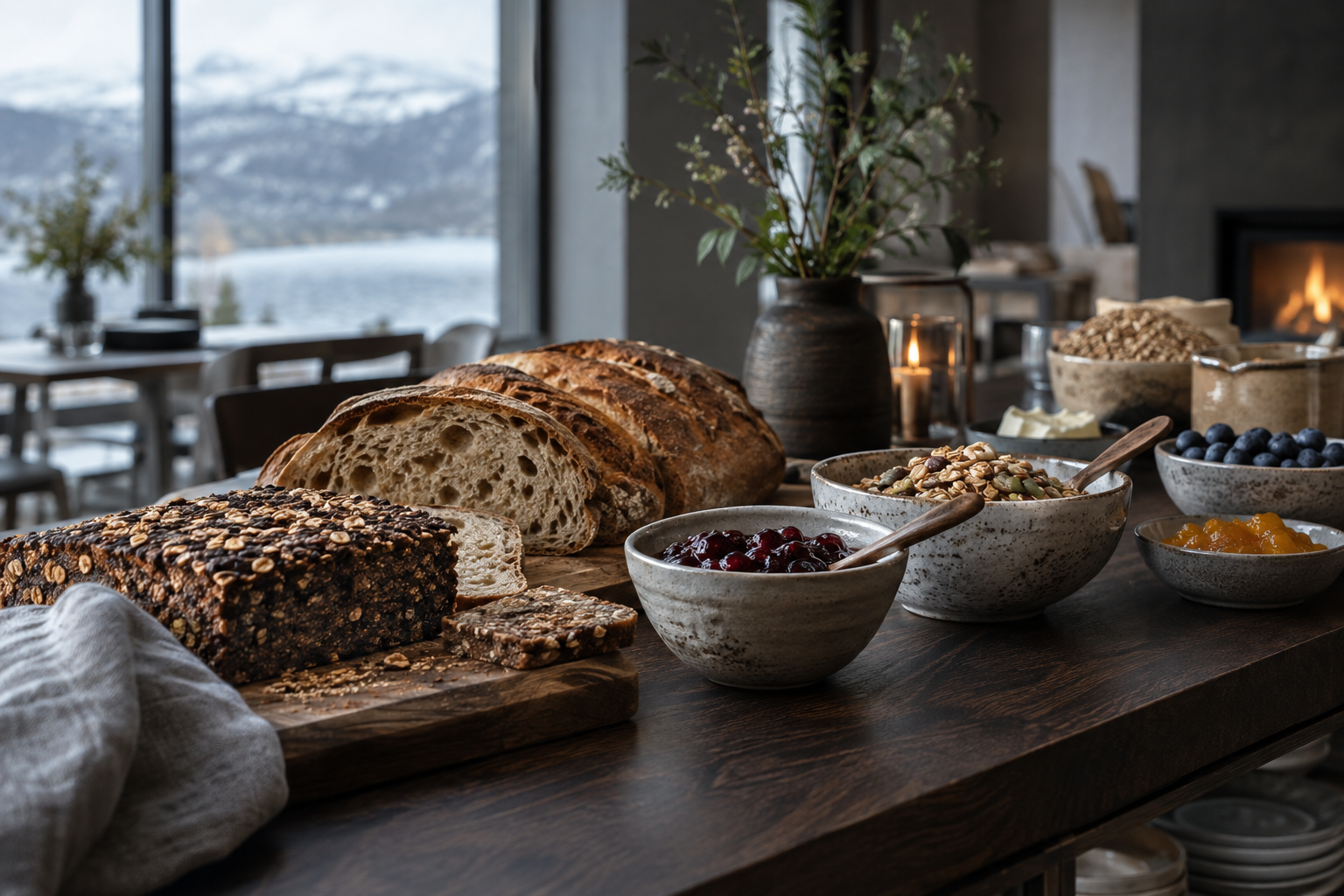 Rye and sourdough bread with grains and preserves in ceramic bowls on a breakfast counter